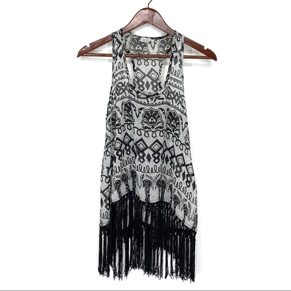Charming Charlie Black Tribal Boho Racer Back Tassel Hem Tank Top Size XS - Picture 1 of 12